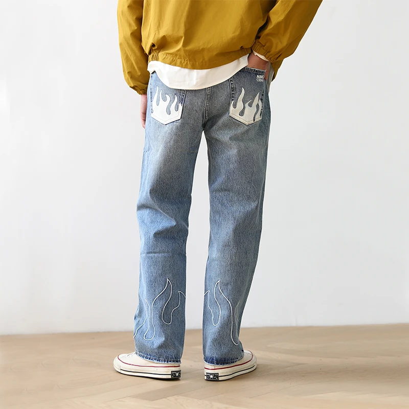高端火焰刺绣印花水洗赤耳丹宁直筒裤 高街宽松牛仔裤 MBBCAR窄幅