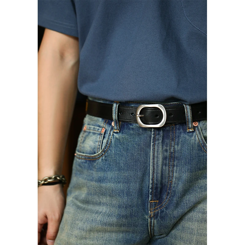 高级黑色真皮腰带简约金属针扣手工皮带休闲通勤男女同款柒名氏