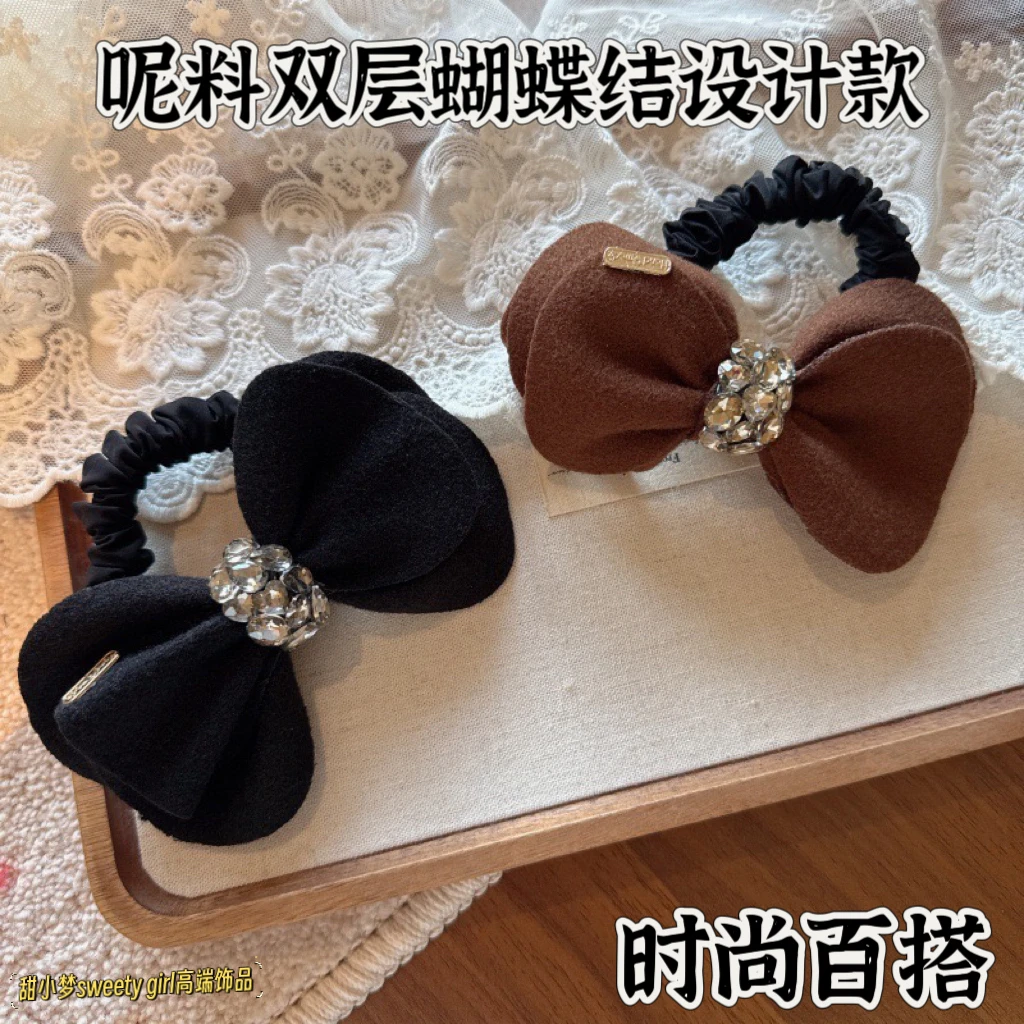 韩国秋冬呢料双层蝴蝶结水钻发绳气质百搭女扎马尾头绳半扎发发圈