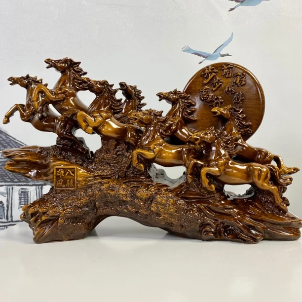 八骏雄风马高档家居客厅玄关办公桌精雕金钱装饰品摆件（长33高18