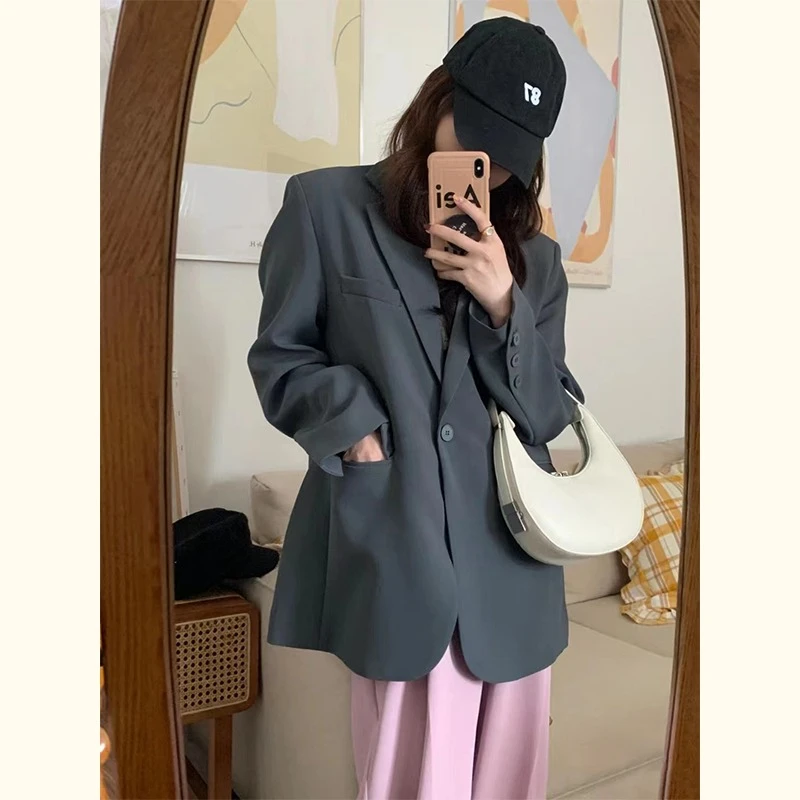 高级感春秋灰西装外套女oversize2025新款韩版宽松休闲一粒扣炸街