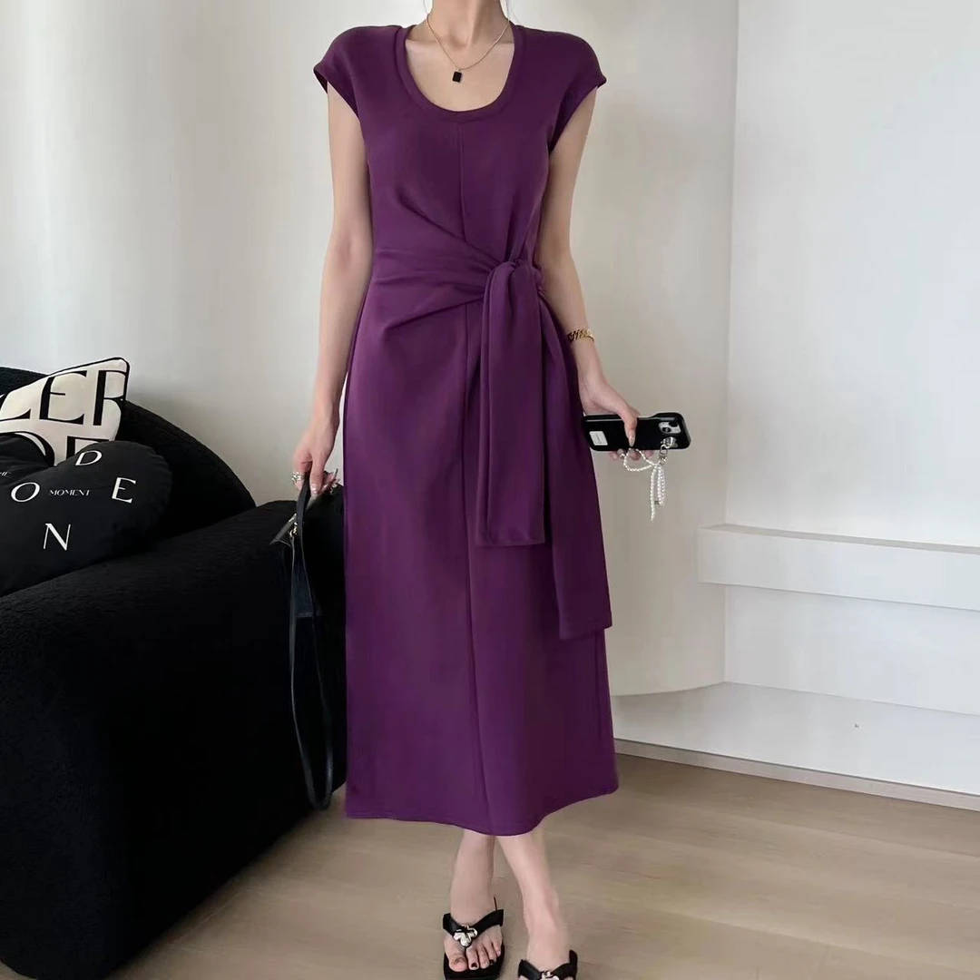 SP 茶歇法式U领系带连衣裙 收腰显瘦高级感气质开叉长裙子