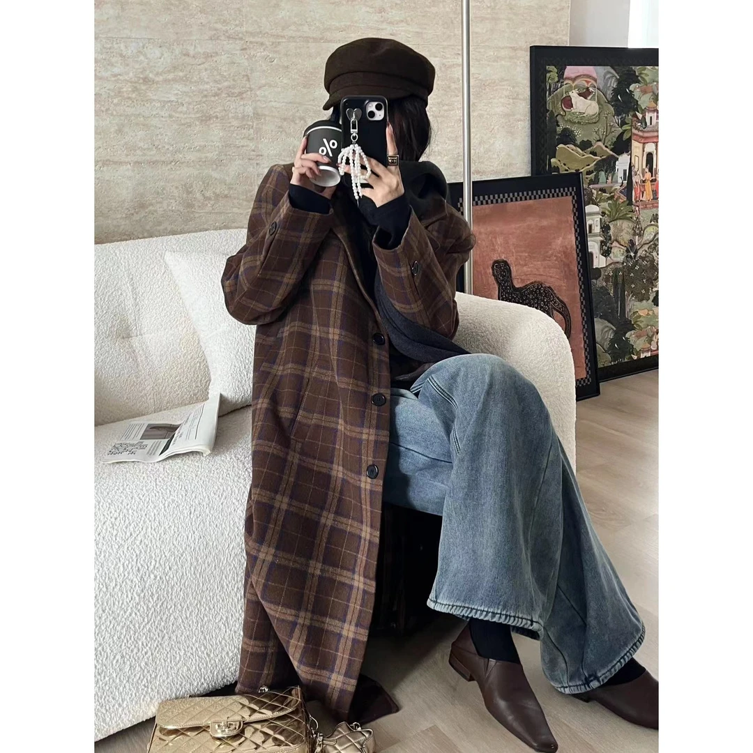 SP【冬日开场】复古美拉德色毛呢夹棉外套高级感格子呢大衣显瘦长款