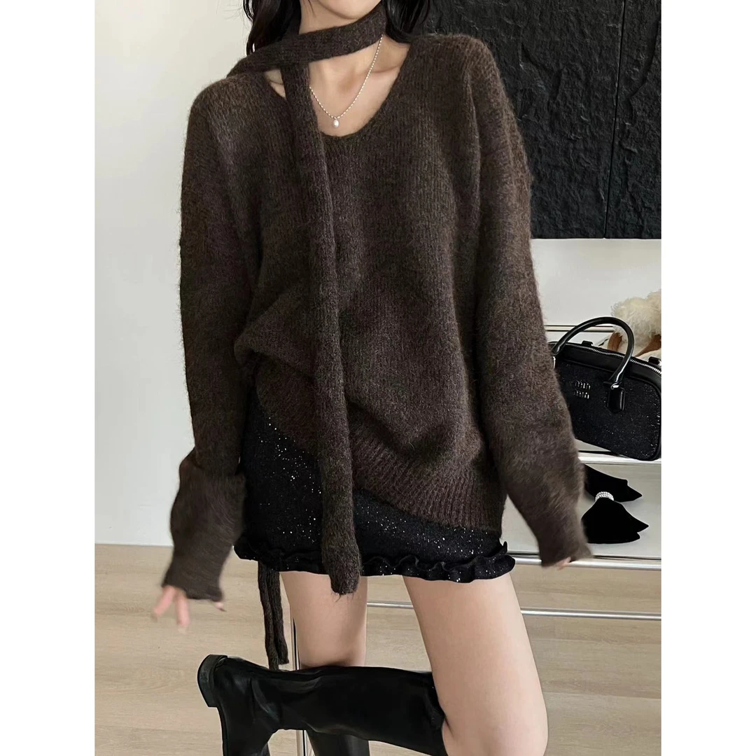 SP【午茶可颂】毛衣秋冬韩版宽松显瘦百搭软糯加厚保暖V领  配围巾
