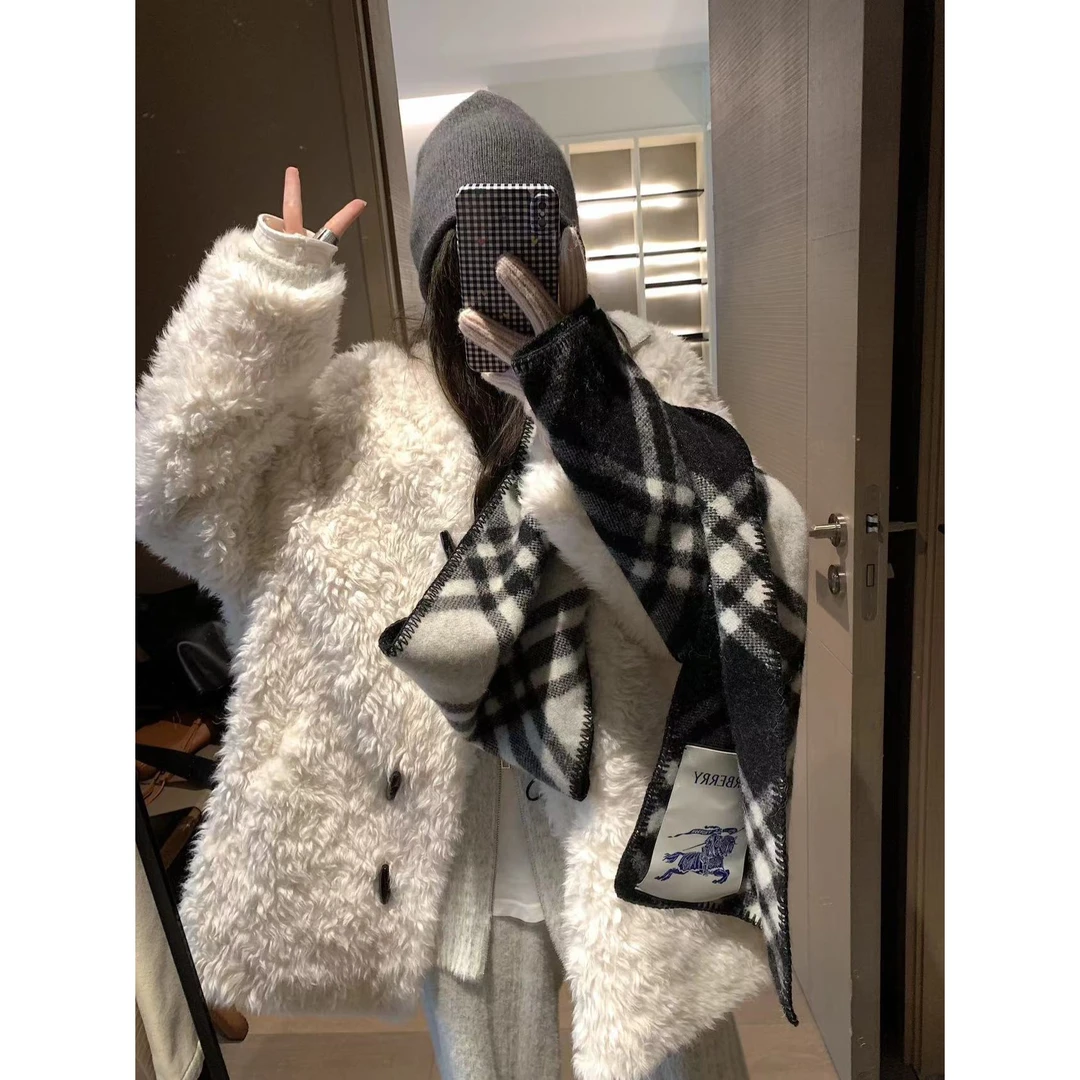 SP【超乖糯绒】牛角扣羊羔m外套女冬季宽松保暖加厚皮毛一体外套