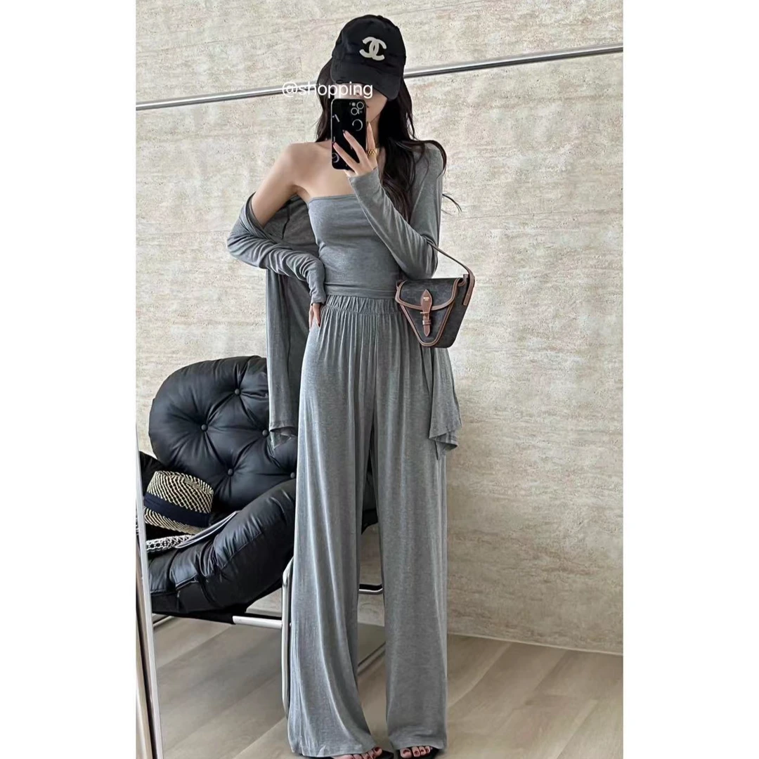 SP 三件套！高弹亲肤显瘦纸片人时尚抹胸开衫外套阔腿裤三件套套装