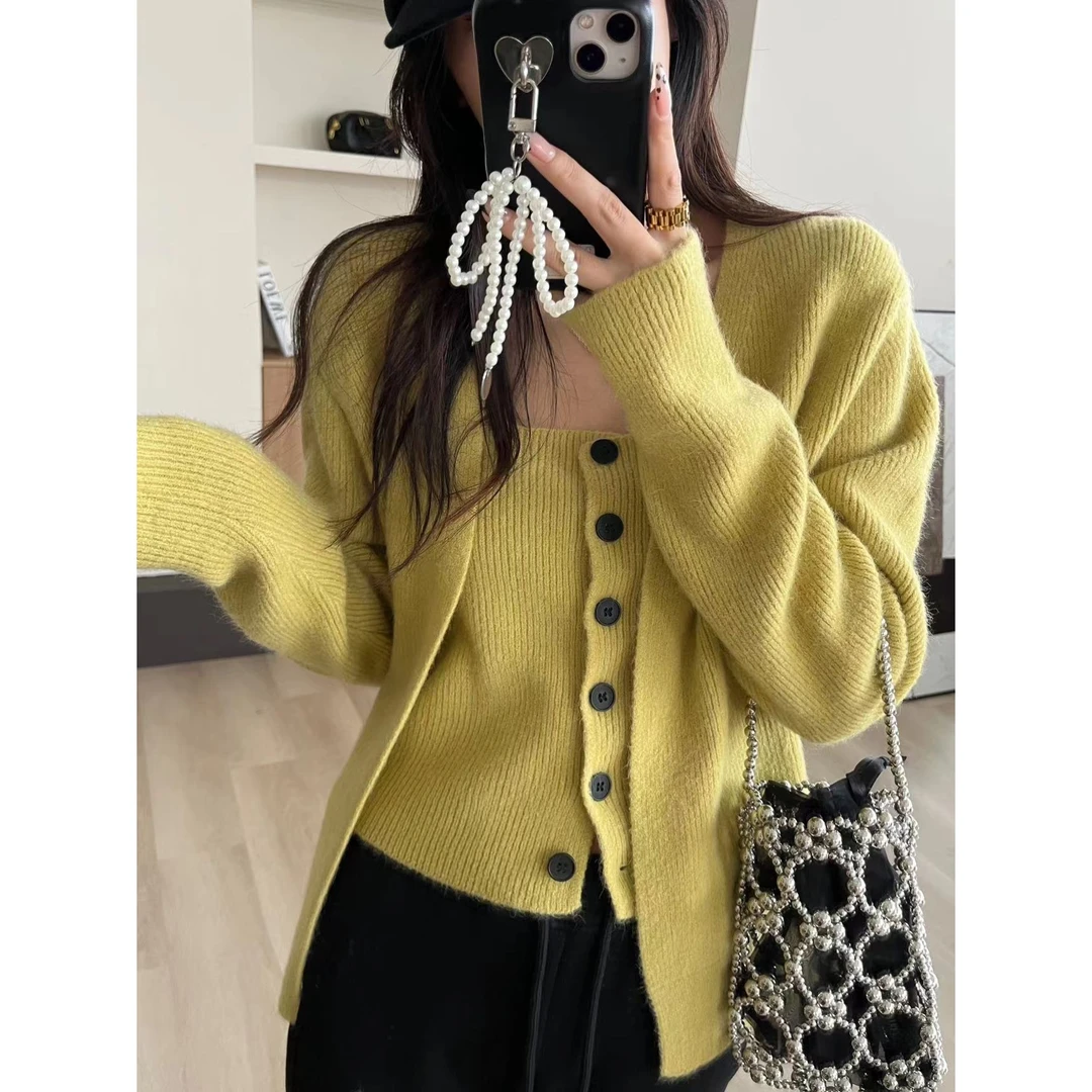SP 深秋柠檬  精美宽松慵懒风针织毛衣设计感外套➕背心两件套装