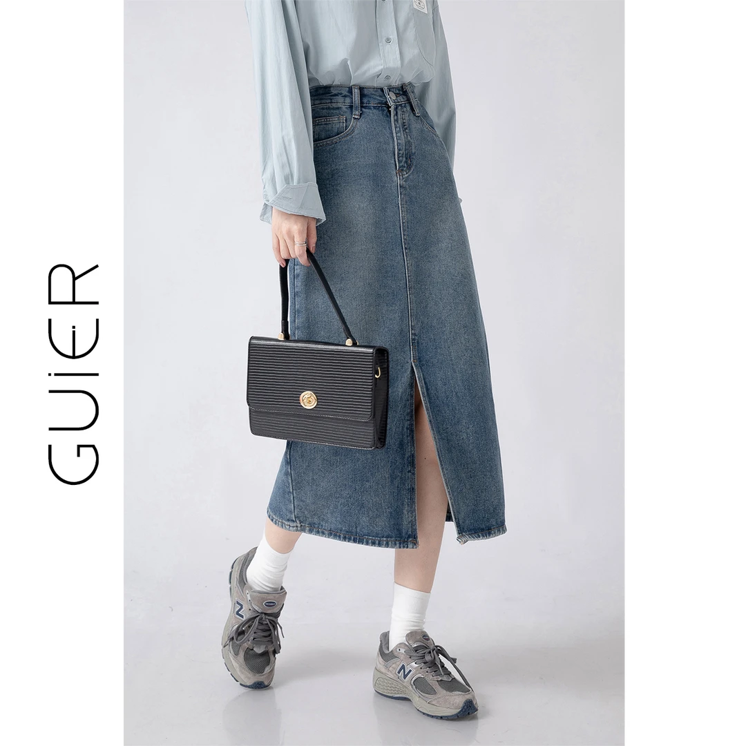 「GUIER」浅蓝色半身裙2024显瘦设计感开叉中长款牛仔裙22514