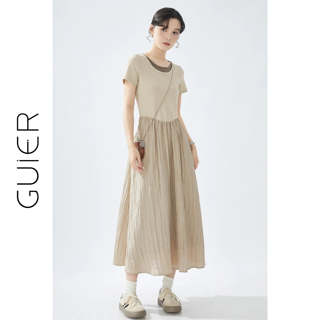 GUIER/桂儿 肌理拼接连衣裙圆领收腰法式气质显瘦休闲长裙DS0147