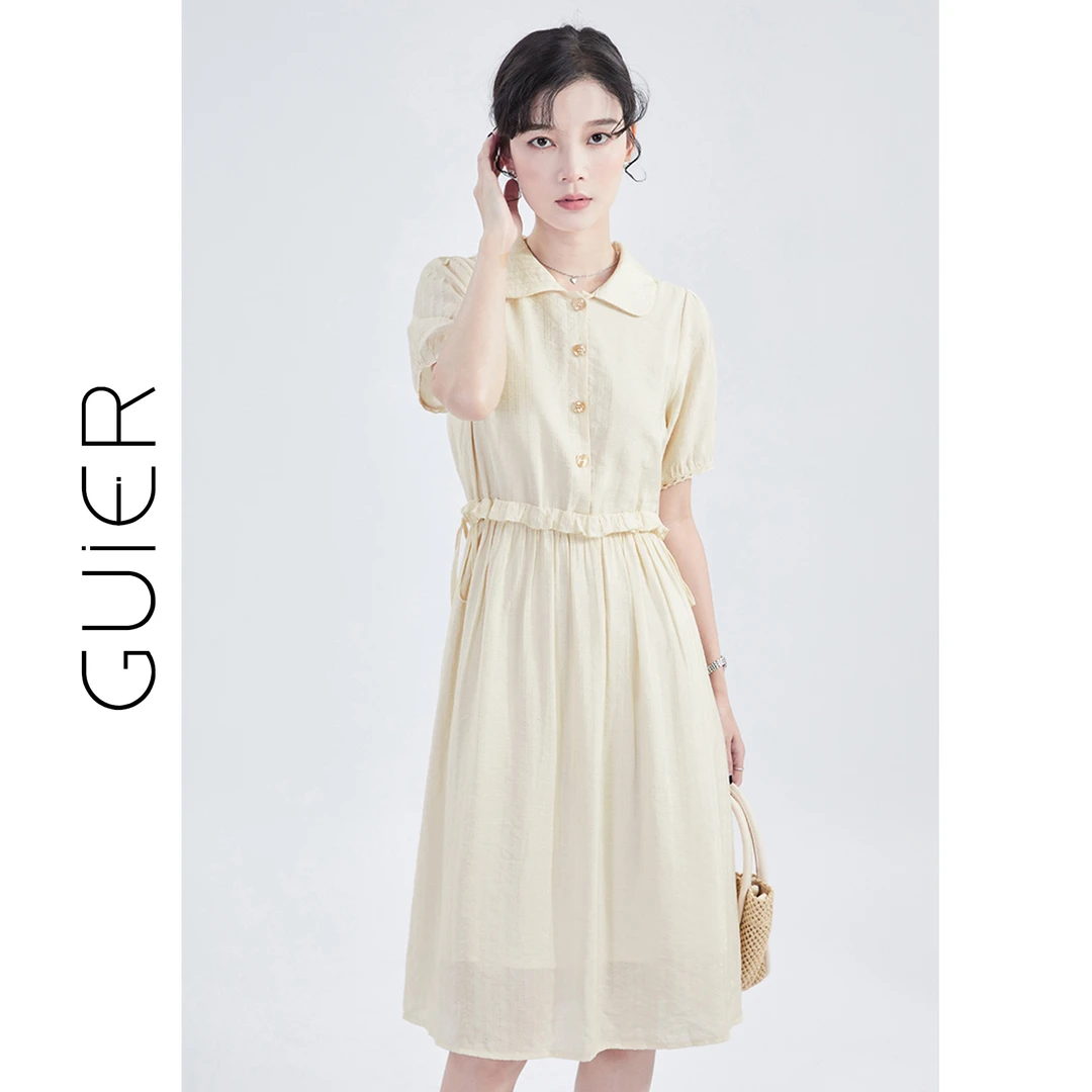 「GUIER」娃娃领连衣裙2025新款女夏季褶皱收腰显瘦裙子a字21577