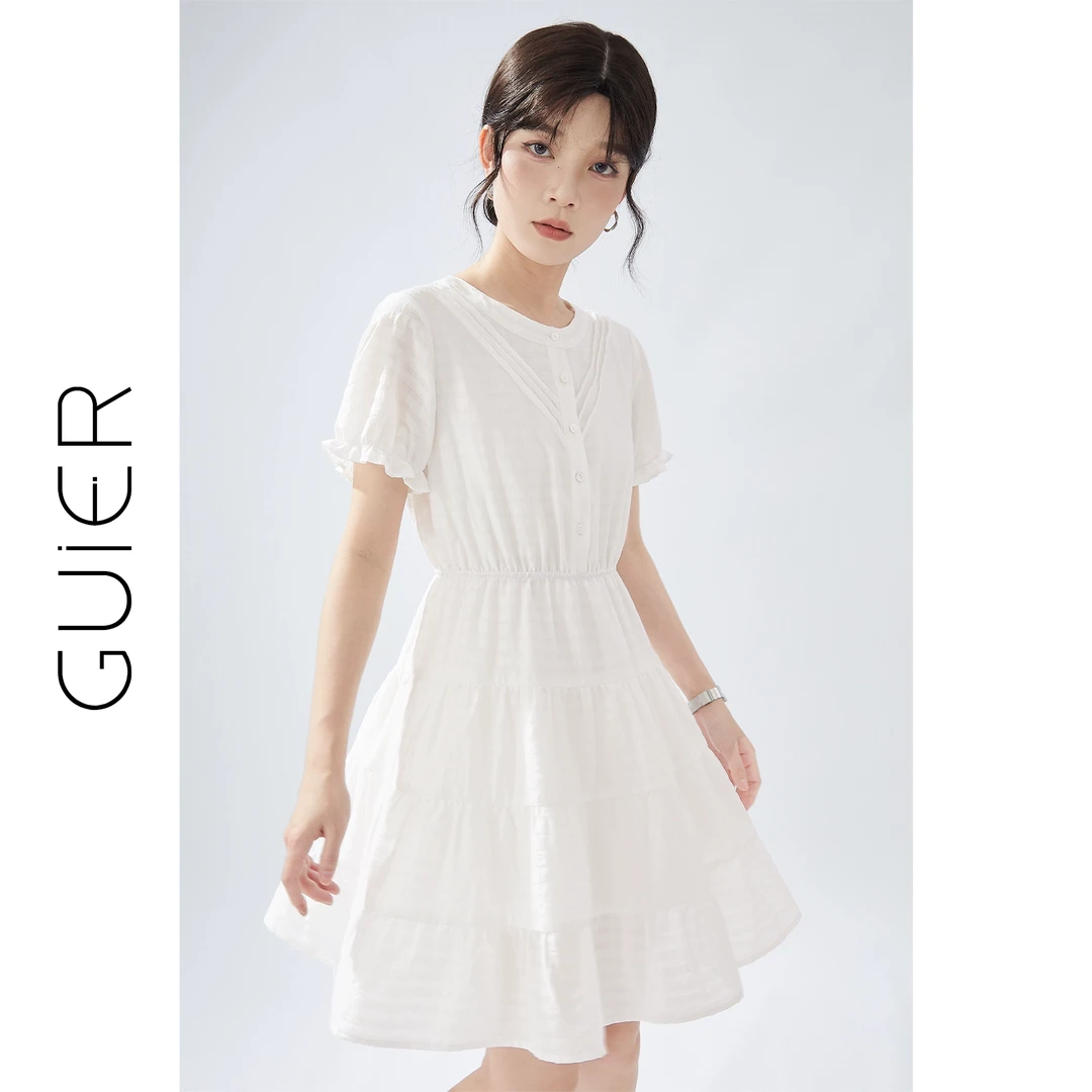 「GUIER」白色圆领2025夏季新款小众法式花边收腰连衣裙LJ0203