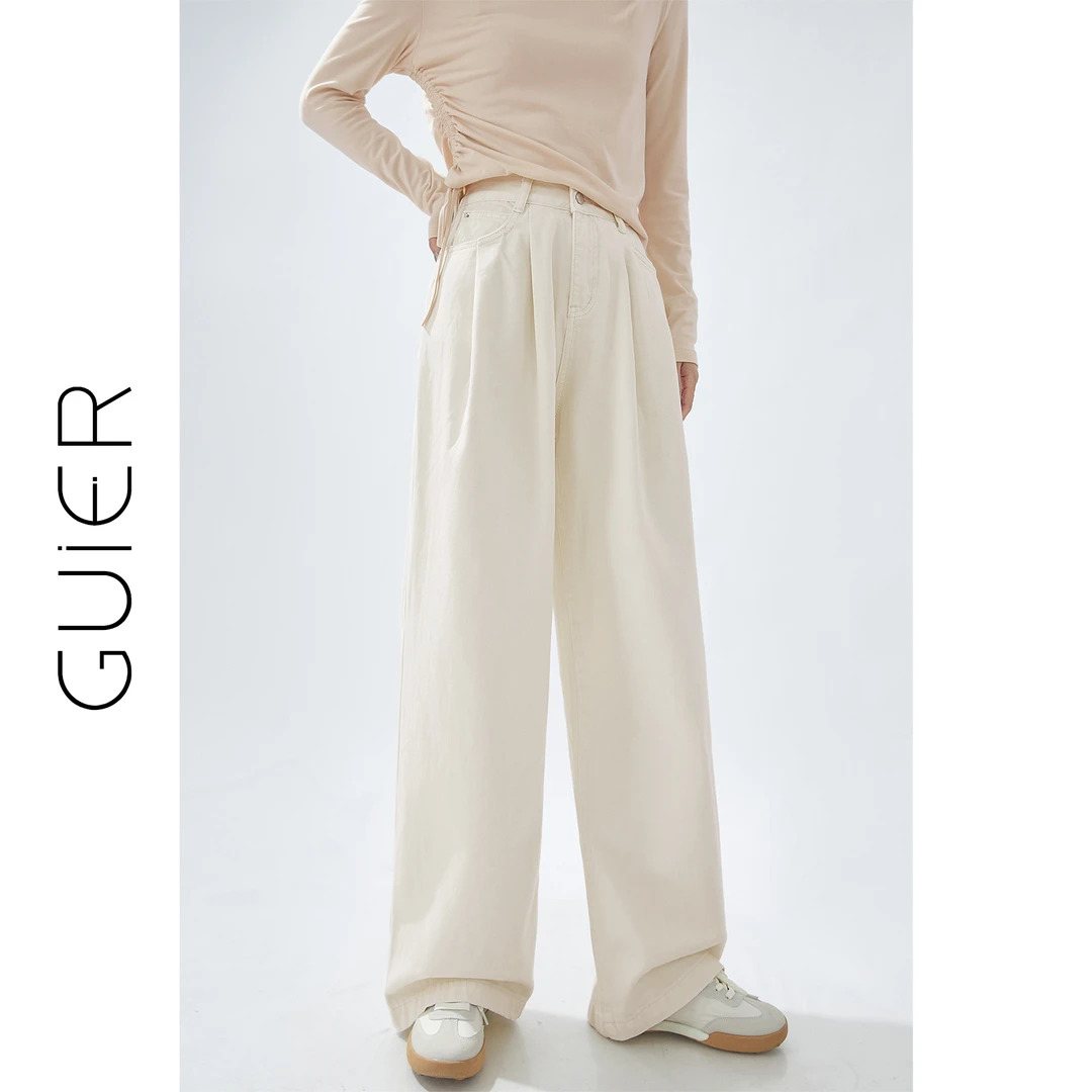 云朵白阔腿牛仔裤2024新款复古垂感显瘦宽松直筒裤23806