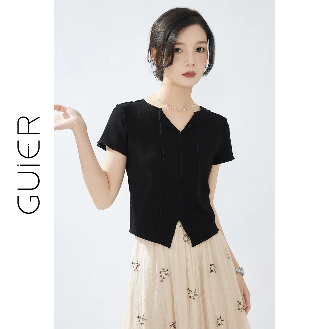 黑色v领短袖T恤女夏2024新款拼接正肩修身显瘦短款上衣LJ0109