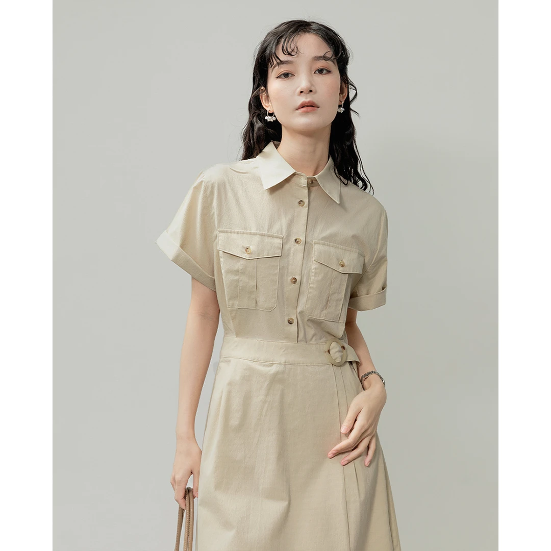 卡其色短袖连衣裙女夏季2025新款森系Polo领收腰衬衫裙气质 22991