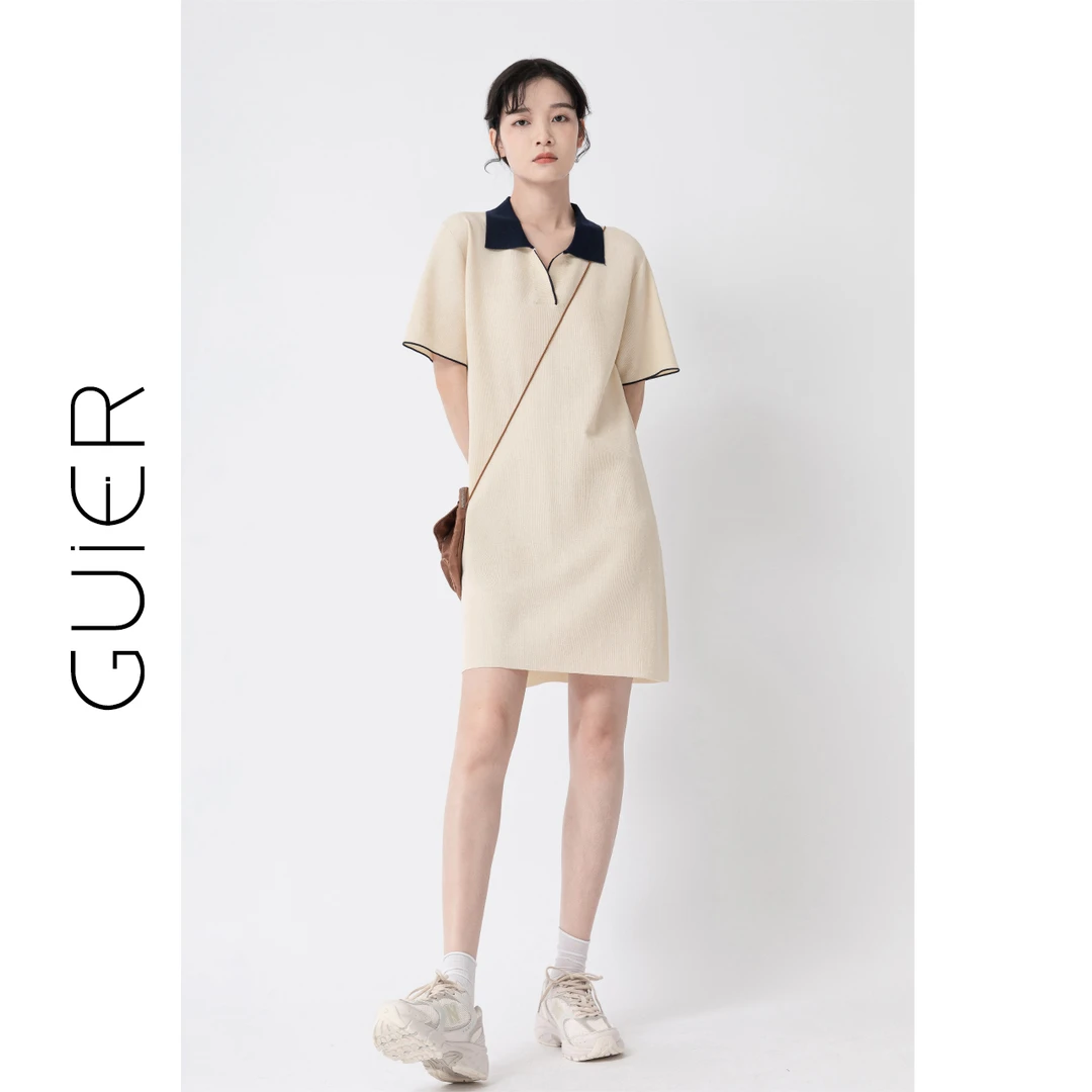 桂儿简约透气短袖针织连衣裙休闲时尚收腰裙子7414