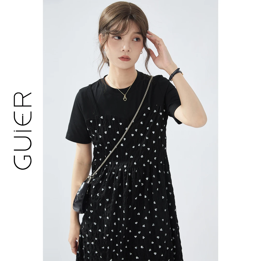 「GUIER」 桂儿浪漫爱心波点假两件连衣裙休闲气质宽松裙子DS0074