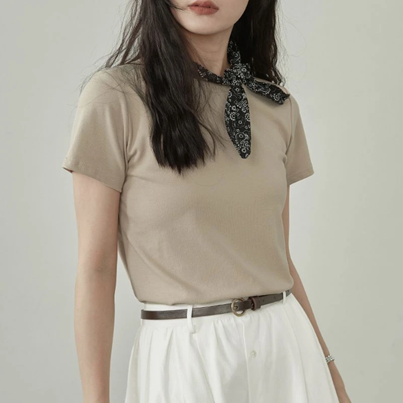 圆领短袖T恤女2024年夏季新款修身显瘦纯色减龄小众上衣 23154