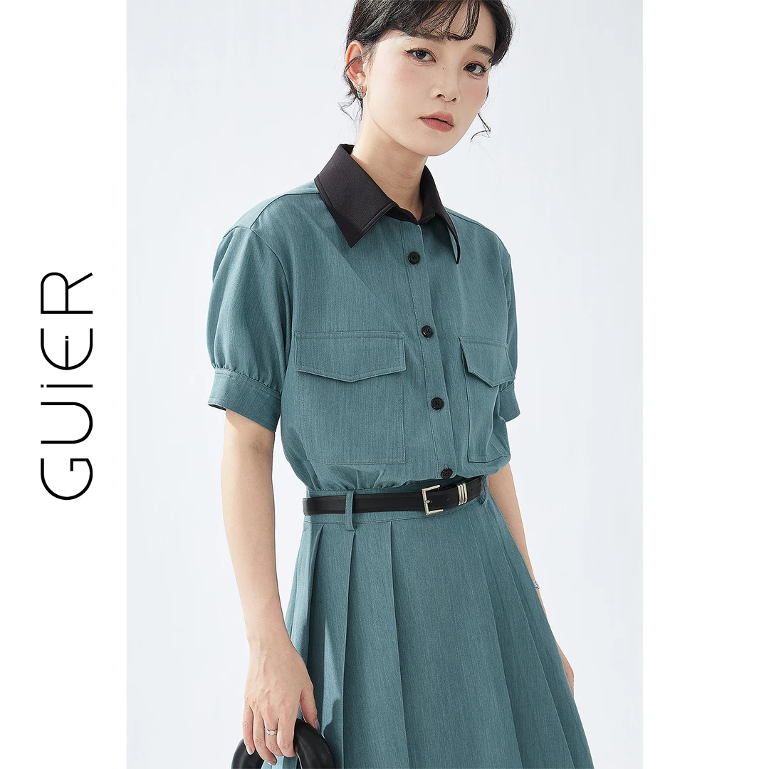 GUIER/桂儿显瘦气质POLO领收腰连衣裙小众复古百褶短裙DS0148