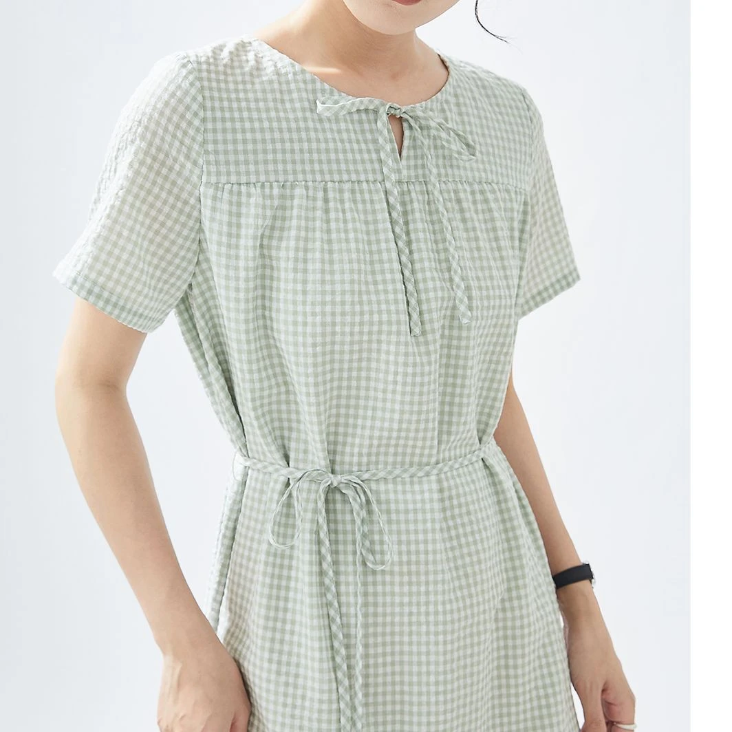 格纹系带连衣裙女2024新款夏季设计感圆领休闲宽松长裙LJ0296
