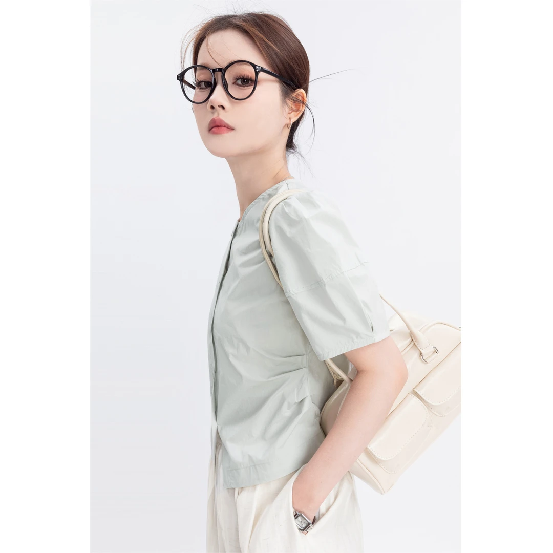 50支冰花棉短袖衬衫女夏季新款小众设计感法式衬衣上衣25474