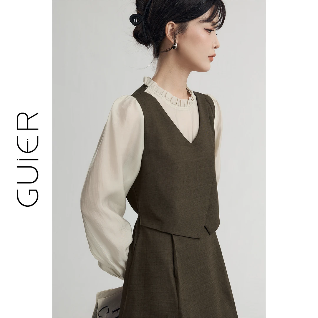 「GUIER」拼接假两件连衣裙2024冬季法式复古气质收腰裙子XH4456