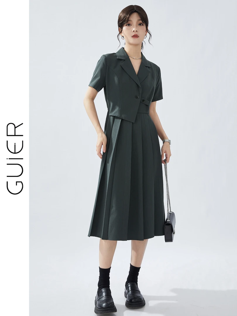 「GUIER」灰色西装连衣裙女夏季2024新款不规则收腰气质LJ0112