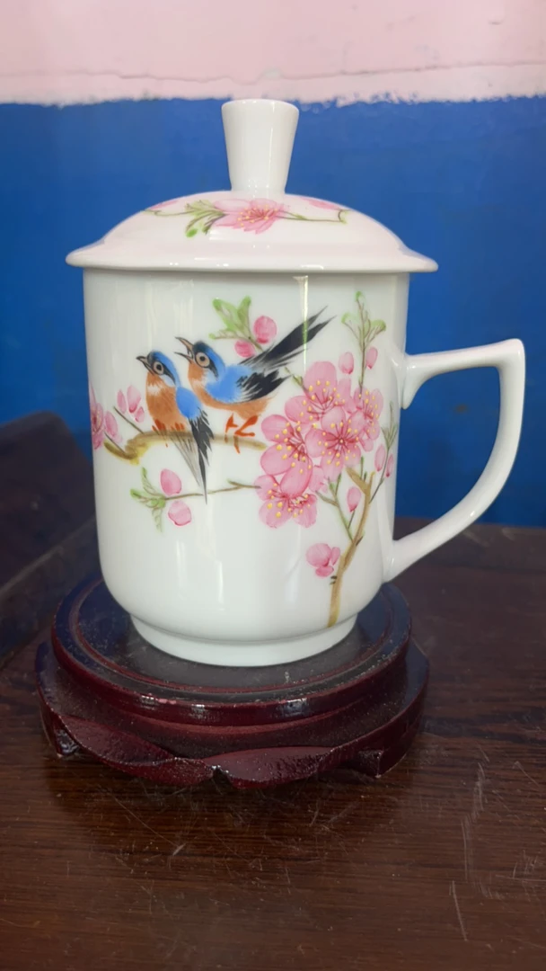 景德镇陶瓷全手工手绘办公杯 水点桃花