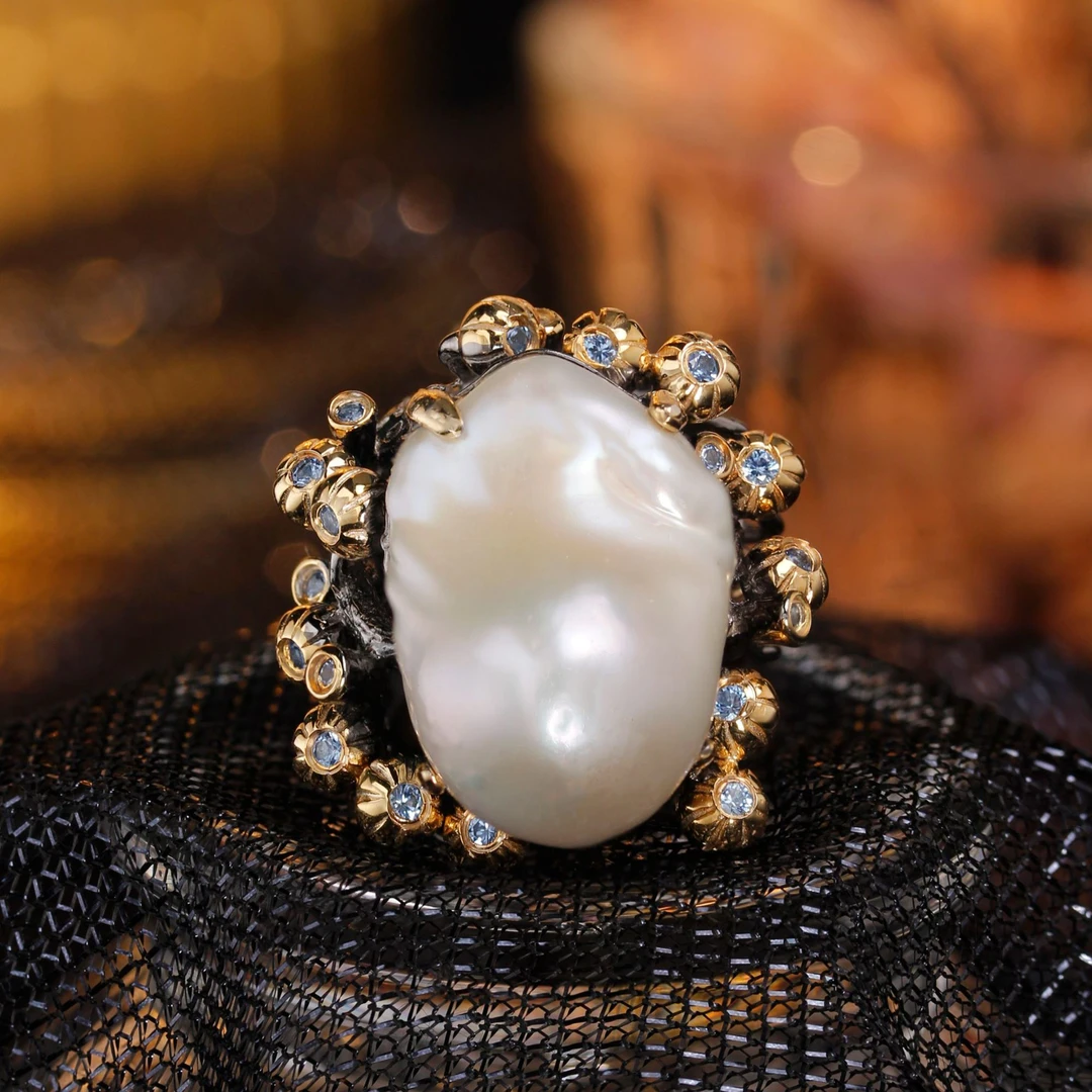 {设计款-手作系列}天然淡水珍珠戒指巴洛克异形珠港码14.5