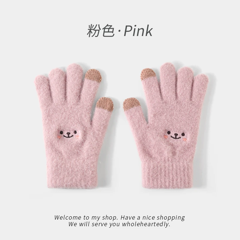 可触屏手套秋冬季女款加绒加厚手机卡通针织毛绒保暖手套猫爪手套