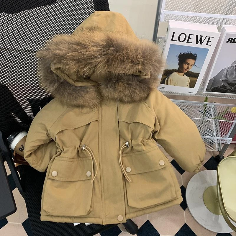 女童外套加绒棉衣冬装洋气宝宝加厚派克服款女孩韩版收腰加棉风衣