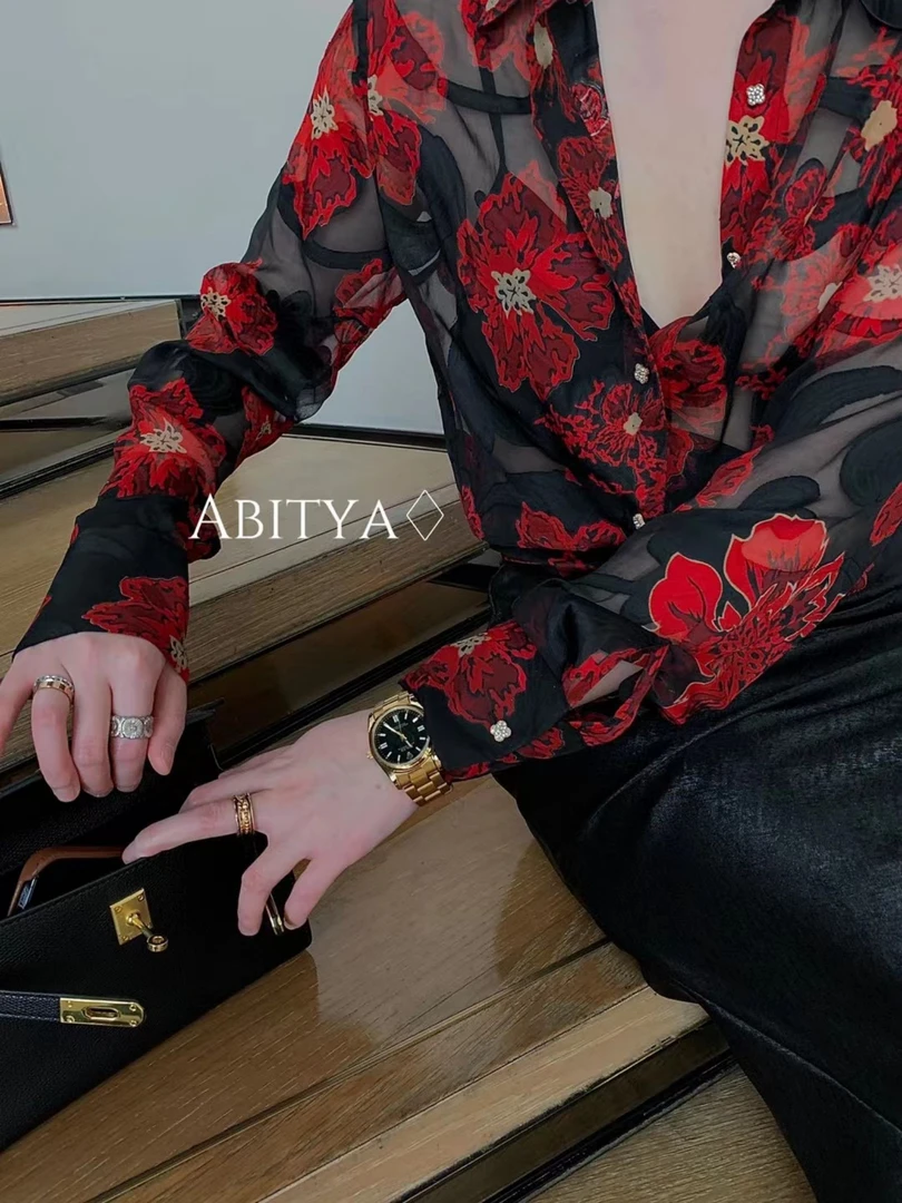 原创设计师款蔷薇花衬衣欧货时尚百搭女士红色长款中式中国风设计