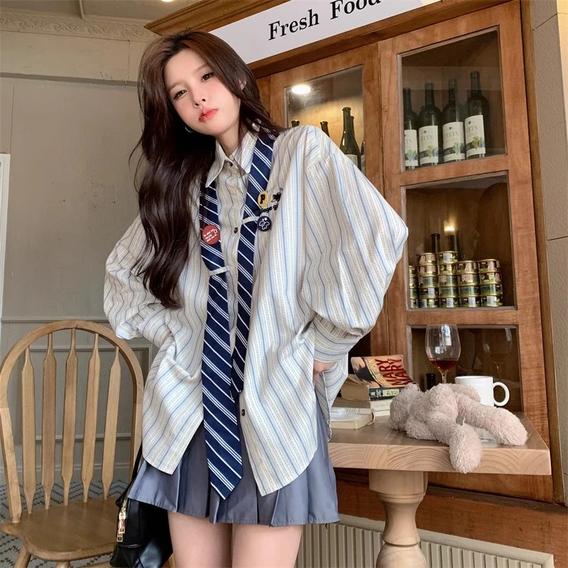 美式学院风甜美设计感刺绣条纹领带宽松显瘦长袖Polo领学生衬衫秋