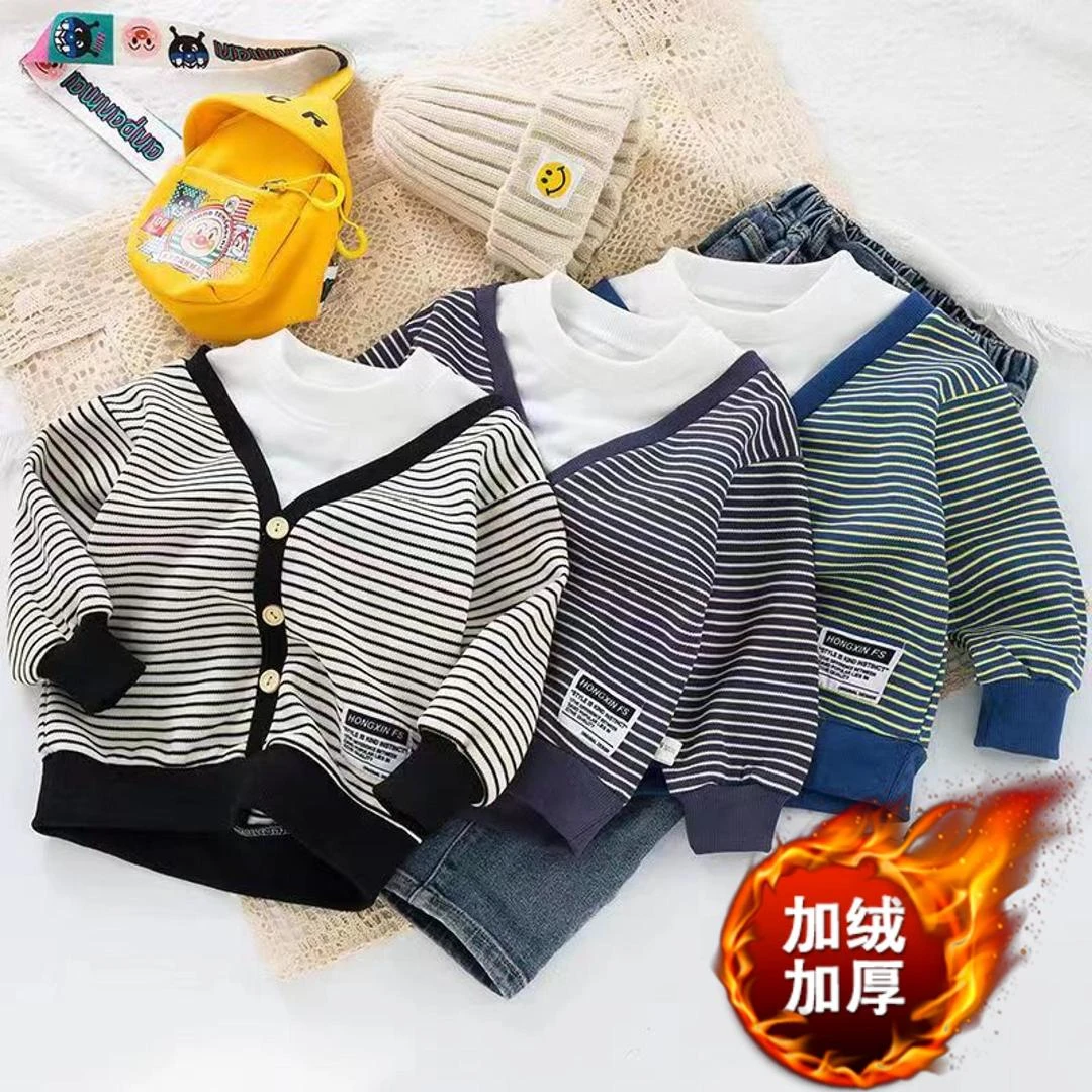 儿童春秋新款男童帅气宝宝假两件条纹休闲百搭打底衫秋冬长袖卫衣