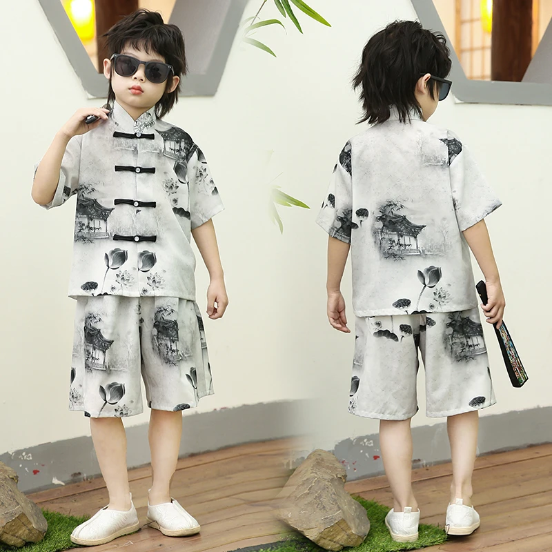 【松烟如墨】国风套装男女童新中式风复古水墨画盘扣唐装套装YH