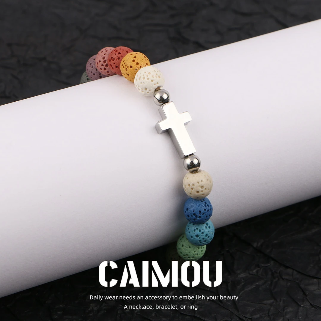 钛钢手链 男十字架火山石手链串珠彩色百搭情侣小众手串个性拼接