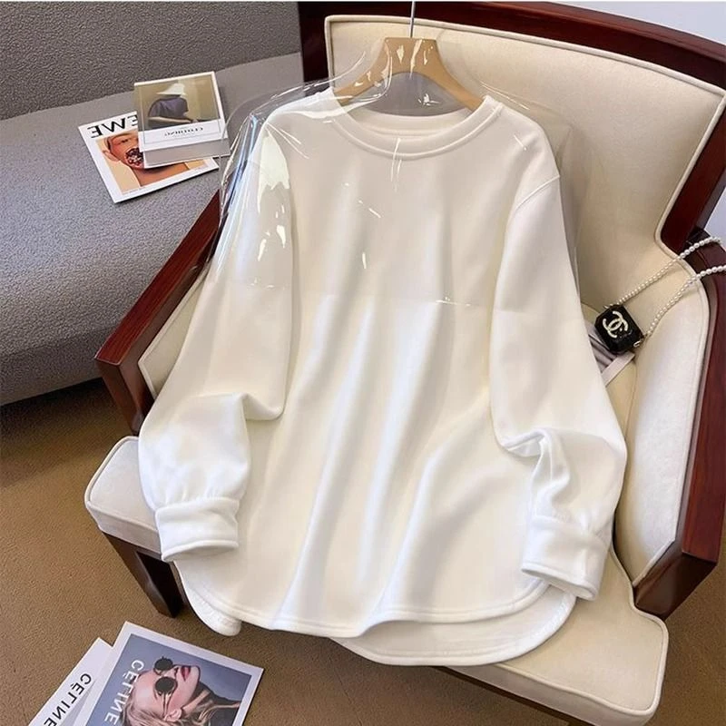 重磅t恤白色打底衫女冬季加绒加厚宽松大版慵懒风内搭长袖上衣服