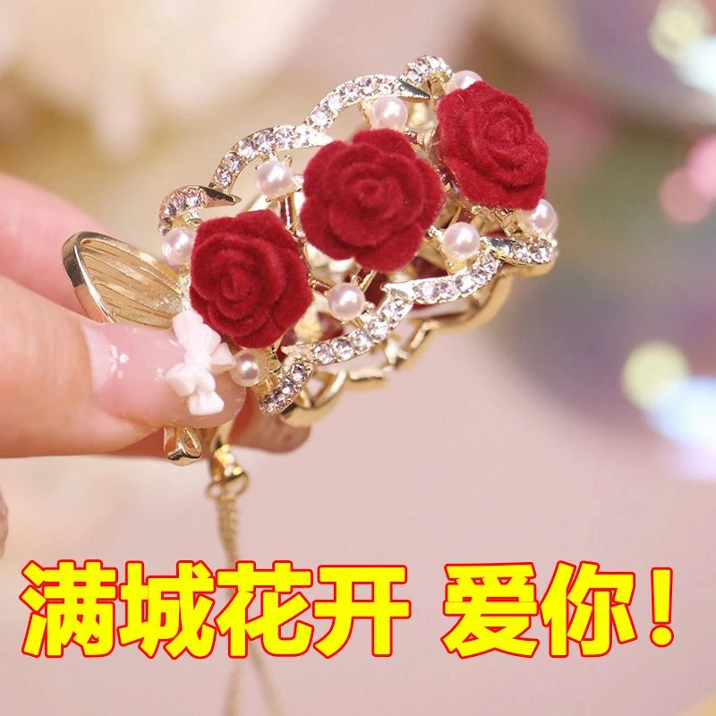 合金发饰 气质轻奢红玫瑰流苏抓夹高马尾发夹女2022年网红新款