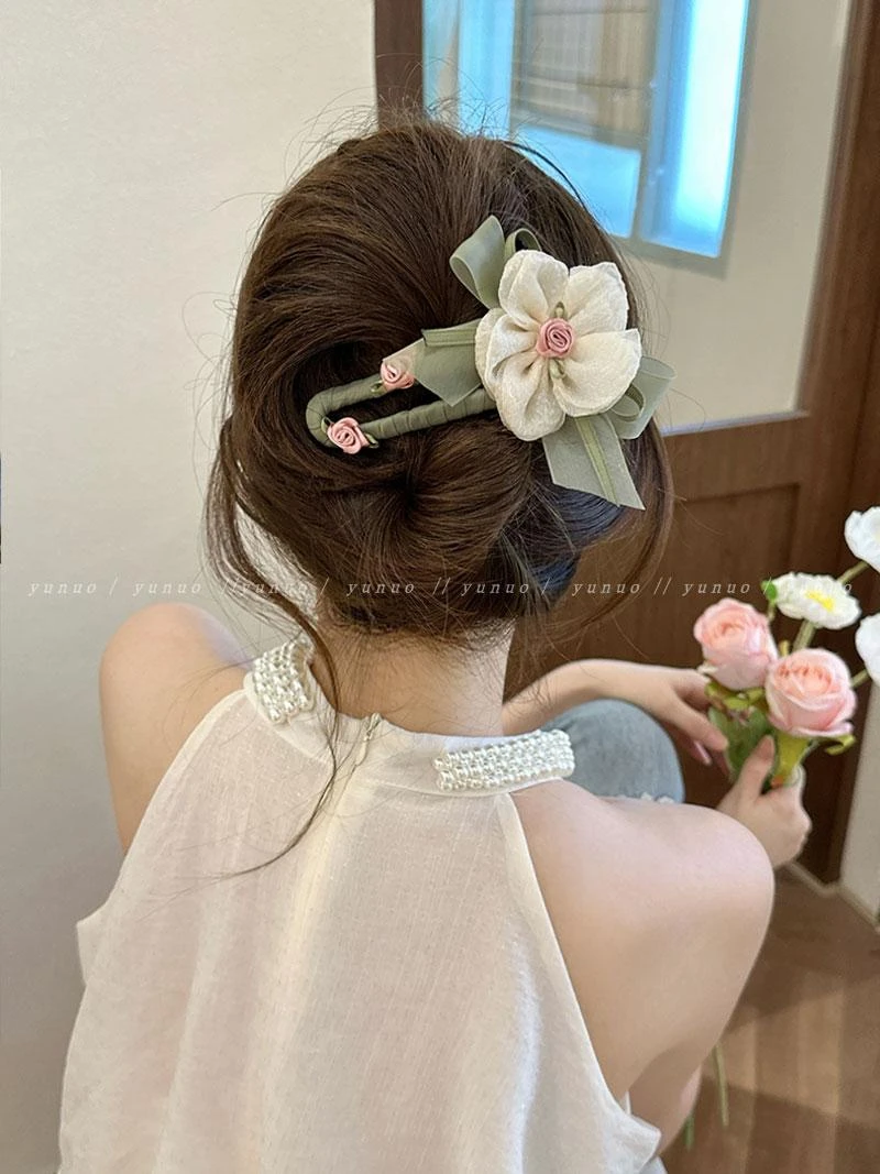 超仙网纱花朵发夹女后脑勺甜美森系鸭嘴夹2024新款鲨鱼夹一字抓夹
