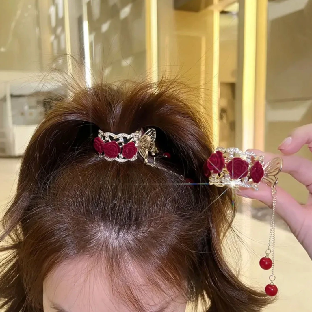 合金发饰 丝绒玫瑰樱桃高马尾小抓夹女后脑勺高级感鲨鱼夹子头饰