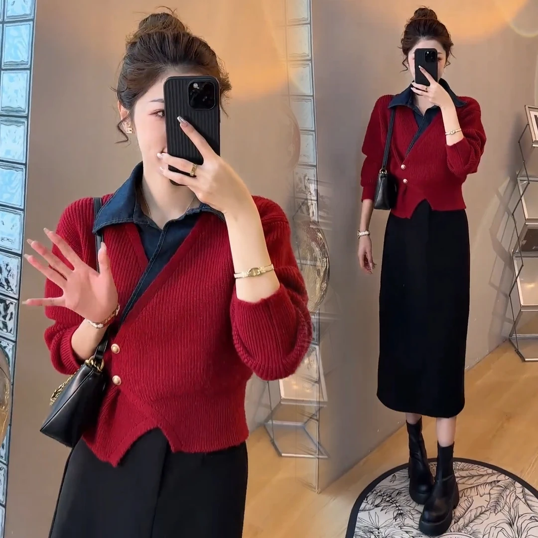 秋冬法式套装时尚显瘦假两件针织毛衣开衫女御姐套装高腰半身裙