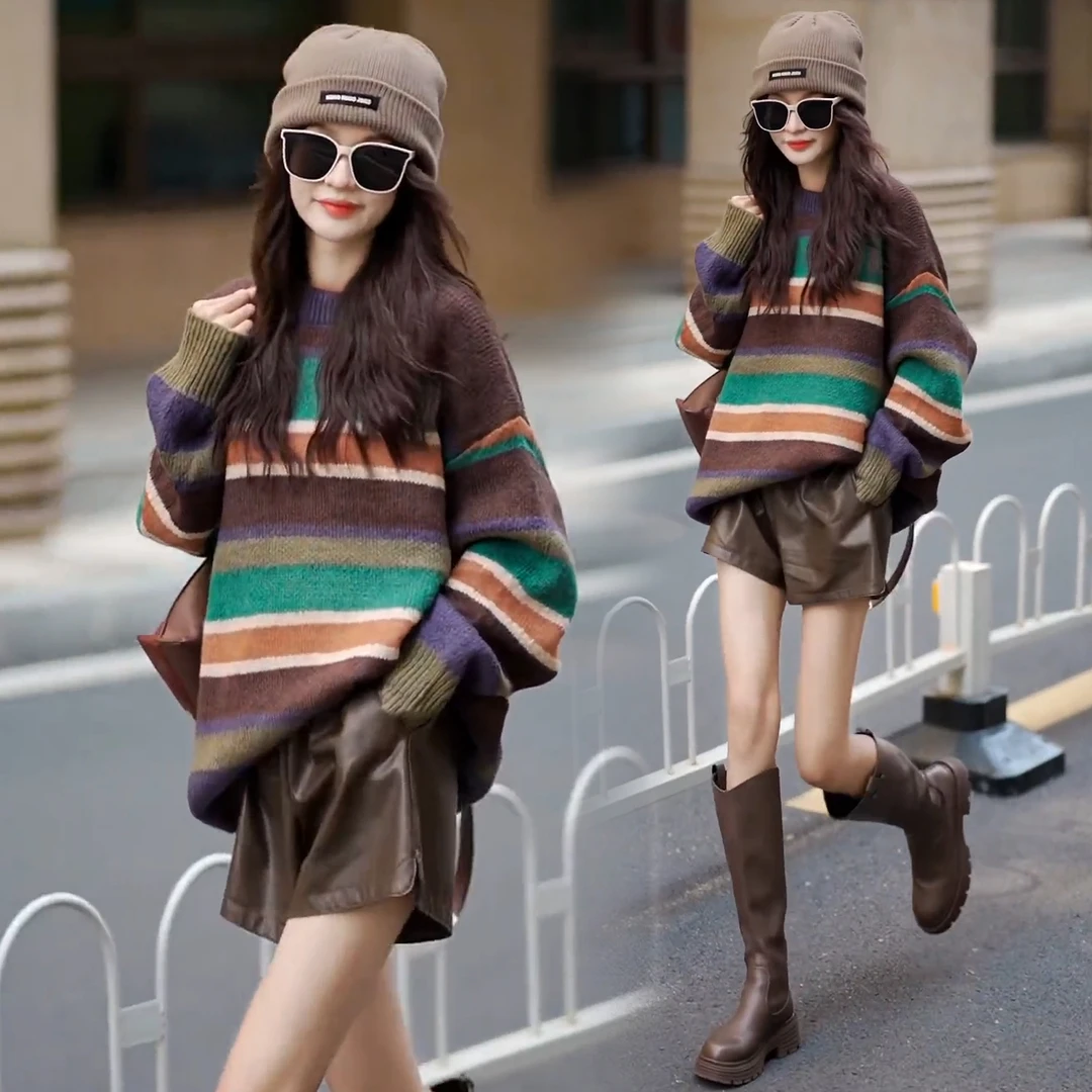 秋冬时尚复古撞色宽松拼色毛衣针织衫高腰显瘦皮裤女