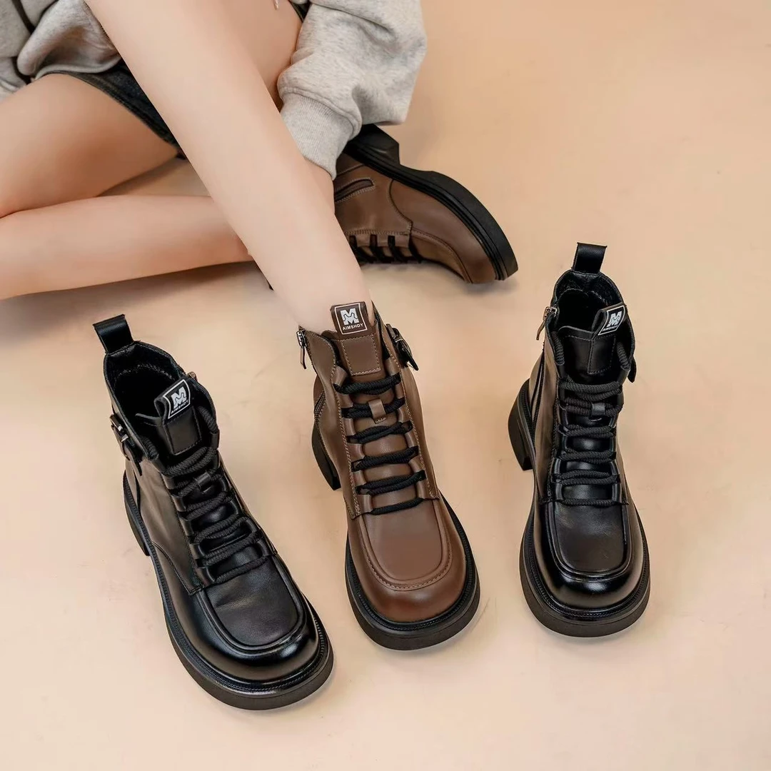 7336#英伦风2024爆款厚底马丁靴女秋冬新款真皮时尚圆头瘦瘦靴