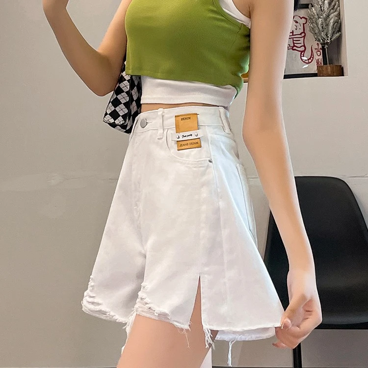 白色牛仔短裤女2023年夏季新款高腰磨破阔腿a字辣妹超热裤潮ins