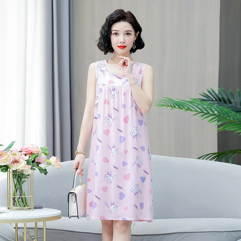 中青年夏季新款绵绸无袖背心睡裙宽松大码中长款过膝群女士妈妈装