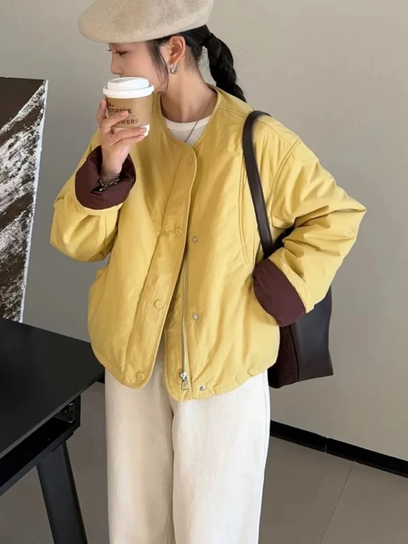 圆领加棉撞色宽松棉衣外套女2024秋冬新款时尚百搭