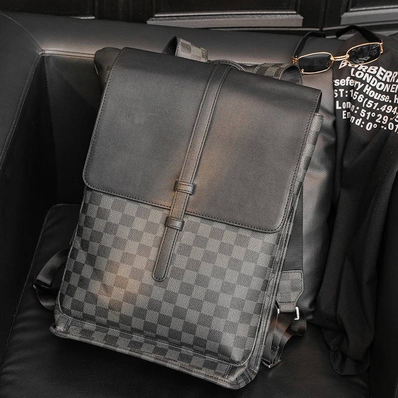 2022新款男士格子双肩包休闲翻盖书包电脑时尚背包牛皮潮流商务