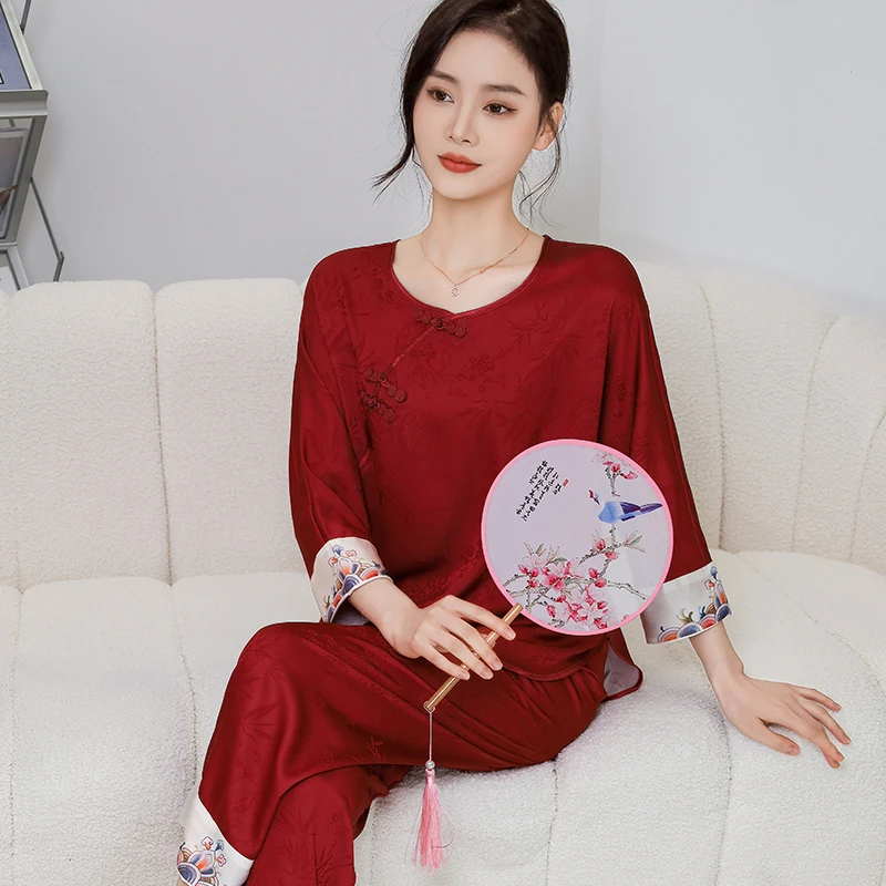 上海故事春秋款中国风女妈妈轻奢高级感冰丝睡衣家居服可外出套装