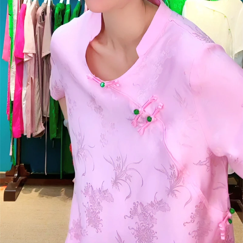 【李慧慧推荐】粉色盘扣国风时尚百搭宽松舒适V领上衣