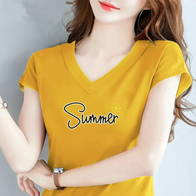 2025年大码棉质v领上衣短袖t恤女显瘦时尚百搭夏装印花修身显瘦