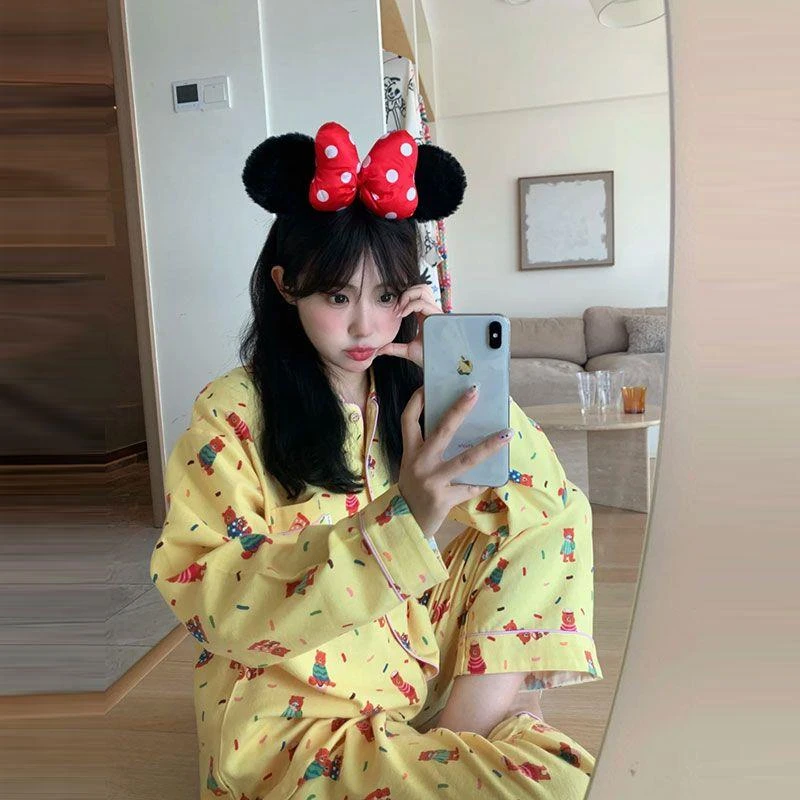 韩国ins甜美可爱睡衣女秋季卡通小熊长袖开衫少女家居服套装H119